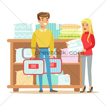 Couple Buying Bedsheets For Bedroom, Smiling Shopper In Furniture Shop Shopping For House Decor Elements