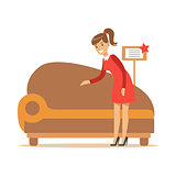 Woman Buying Classy Brown Sofa, Smiling Shopper In Furniture Shop Shopping For House Decor Elements