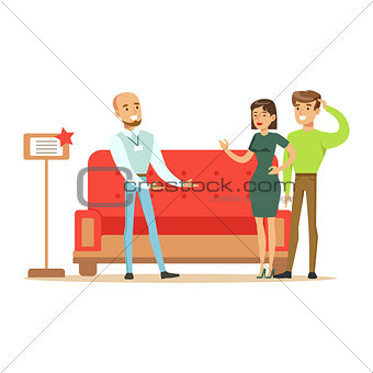 Store Seller Selling Red Sofa To Couple, Smiling Shopper In Furniture Shop Shopping For House Decor Elements