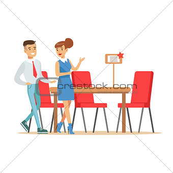 Couple Buying Big Dining Table And Chairs For Dining Room, Smiling Shopper In Furniture Shop Shopping For House Decor Elements
