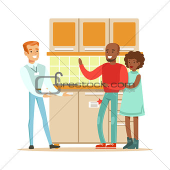 Store Seller Selling Kitchen Set To Couple, Smiling Shopper In Furniture Shop Shopping For House Decor Elements