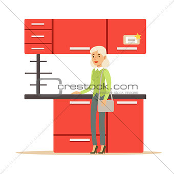 Woman Buying Red Kitchen Set, Smiling Shopper In Furniture Shop Shopping For House Decor Elements