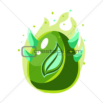Egg With Green Flames And Leaf Print , Fantastic Natural Element Egg-Shaped Bright Color Vector Icon