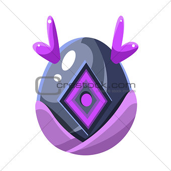 Grey Egg With Purple Horns And Square Decoration, Fantastic Natural Element Egg-Shaped Bright Color Vector Icon