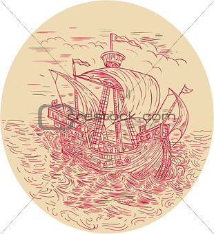 Tall Ship Sailing Stormy Sea Oval Drawing