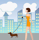 Sexy girl walking with a dog