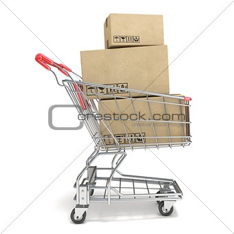 Shopping cart with boxes. 3D