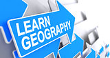 Learn Geography - Text on the Blue Pointer. 3D.