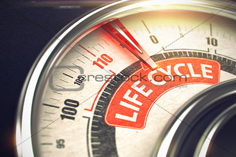 Life Cycle - Text on Conceptual Gauge with Red Needle. 3D.