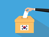 korea election vote concept illustration with people voter hand gives votes insert to boxes election with long shadow flat style