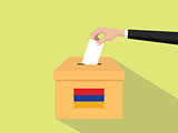armenia vote election concept illustration with people voter hand gives votes insert to boxes election with long shadow flat style