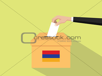 armenia vote election concept illustration with people voter hand gives votes insert to boxes election with long shadow flat style
