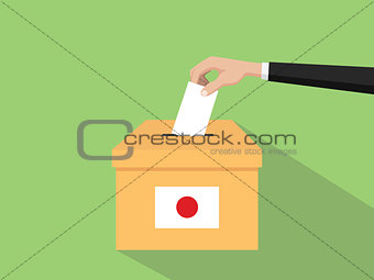 japan vote election concept illustration with people voter hand gives votes insert to boxes election with long shadow flat style
