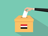 yemen vote election concept illustration with people voter hand gives votes insert to boxes election with long shadow flat style
