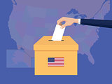united states usa america election vote concept illustration with people voter hand gives votes insert to boxes election with long shadow flat style