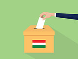 hungary election vote concept illustration with people voter hand gives votes insert to boxes election with long shadow flat style