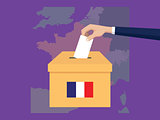 france election vote concept illustration with people voter hand gives votes insert to boxes election with long shadow flat style