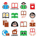 Children and adults reading books, International Literacy Day icons