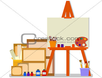 workshop room with easel and tools for art design painting
