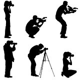 Set cameraman with video camera. Silhouettes on white background. Vector illustration