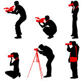Set cameraman with video camera. Silhouettes on white background. Vector illustration