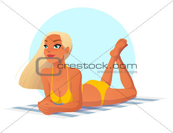Beautiful girl laying on the beach. Cartoon vector illustration isolated on white background.