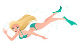 Diving woman in bikini and flippers vector illustration.