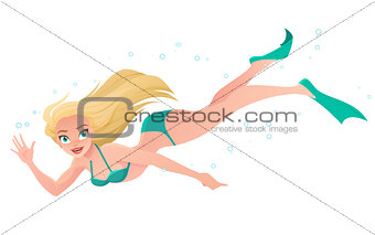Diving woman in bikini and flippers vector illustration.