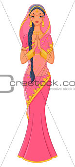Beautiful indian girl in traditional saree. Vector illustration isolated on white background.