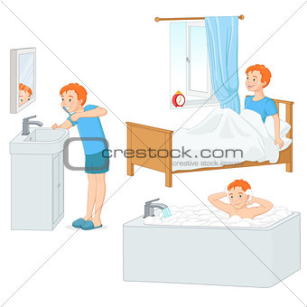 Boy doing his morning routine vector illustration