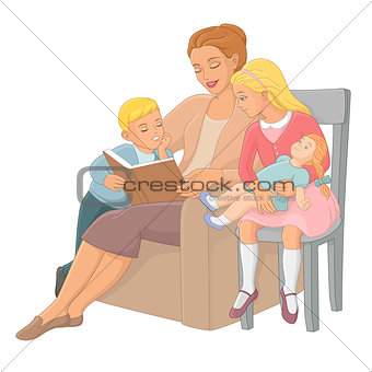 Mother reading a book to children. Vector illustration.