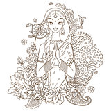 Indian girl surrounded with flowers and ornaments. Vector lineart illustration isolated on white background.