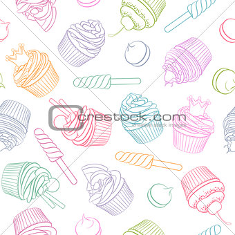 Colorful linear sweets and pastry seamless vector pattern.