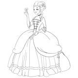 Outlined rococo lady in antique dress. Coloring page vector illustration.