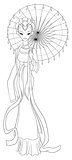 Outlined chinese lady in traditional dress holding umbrella. Vector illustrations coloring page.