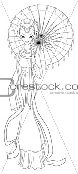 Outlined chinese lady in traditional dress holding umbrella. Vector illustrations coloring page.