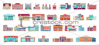 Vector set isolated icons architecture buildings in flat style