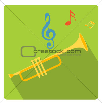 Trumpet musical instrument icon flat style with long shadows, isolated on white background. Vector illustration.