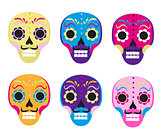 Sugar skull set icon, flat, cartoon style. Cute dead head, skeleton for the Day of the Dead in Mexico. Isolated on white background. Vector illustration, clip art.