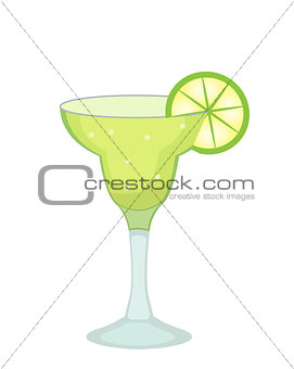 Cocktail glass for Margarita and tequila with lime slice icon flat, cartoon style. Drink isolated on white background. Alcoholic cocktail. Vector illustration.