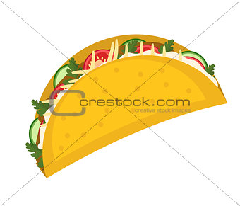 Tacos icon flat, cartoon style isolated on white background. Vector illustration, clip art. Traditional Mexican food.
