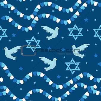 Happy Israel Independence Day seamless pattern with flags and bunting. Jewish Holidays endless background, texture. Jewish backdrop. Vector illustration.