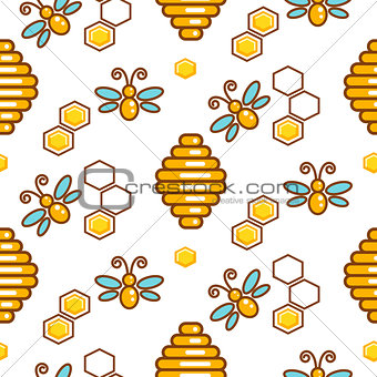 Vespiary and bees seamless vector outline pattern.