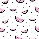 Watermelon half slices seamless pink and black hearts pattern on white.
