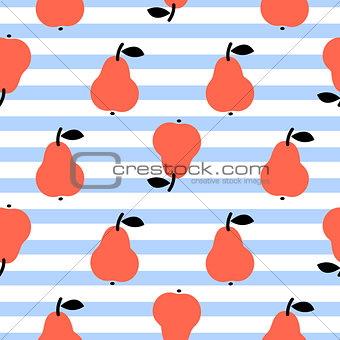 Red pear seamless blue striped pattern on white.