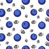 Blueberry and blackberry seamless purple pattern on white.