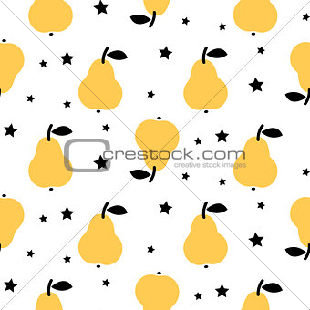 Yellow pear seamless vector pattern with stars on white background.