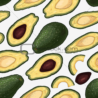 Seamless pattern with hand drawn colorful engraved avocado isolated on white background.