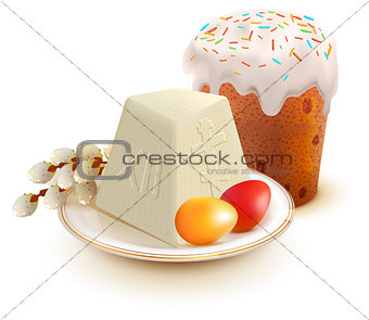 Russian Easter cake, cottage cheese, colorful eggs and willow branch