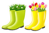 Gumboots Set With Grass And Flowers